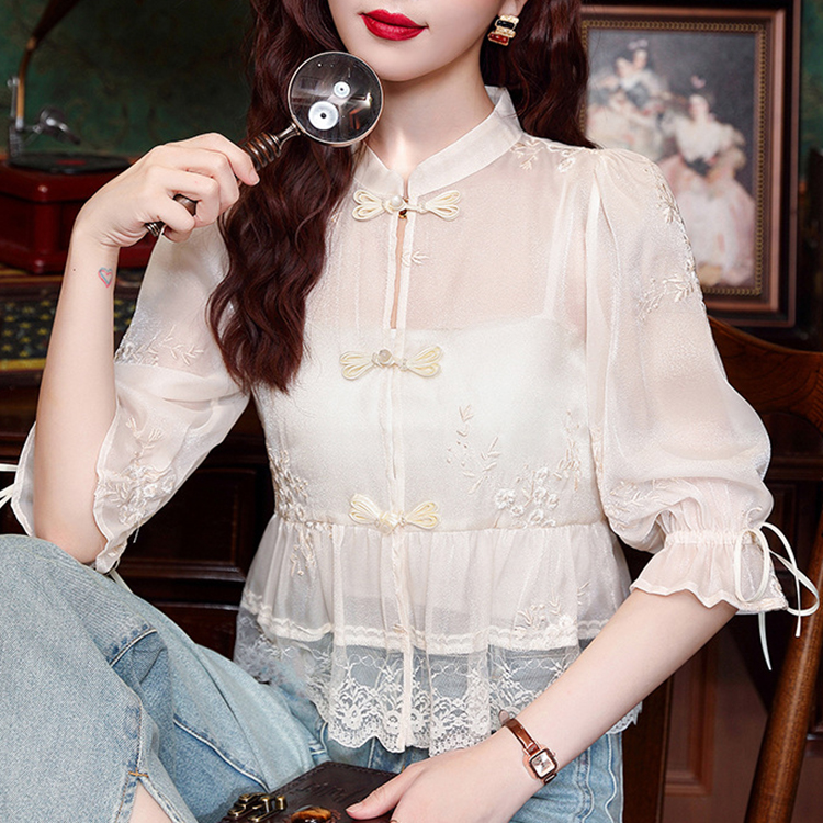 時尚中式國風繡花盤扣泡泡袖短袖襯衫
