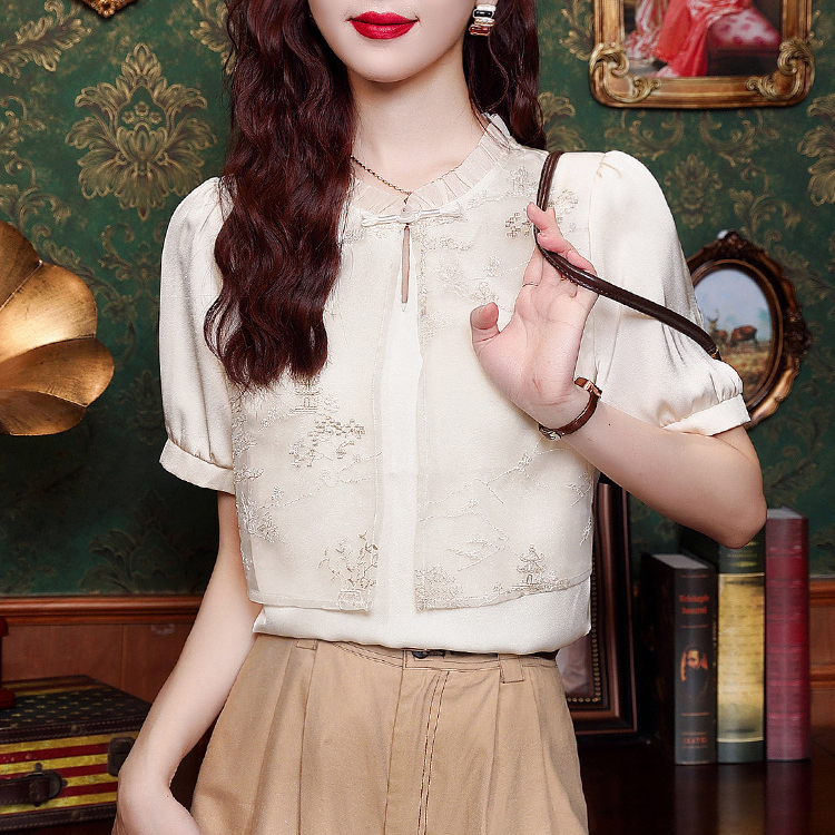 中式復古氣質顯瘦立領木耳邊歐根紗刺繡印花拼接短袖雪紡衫