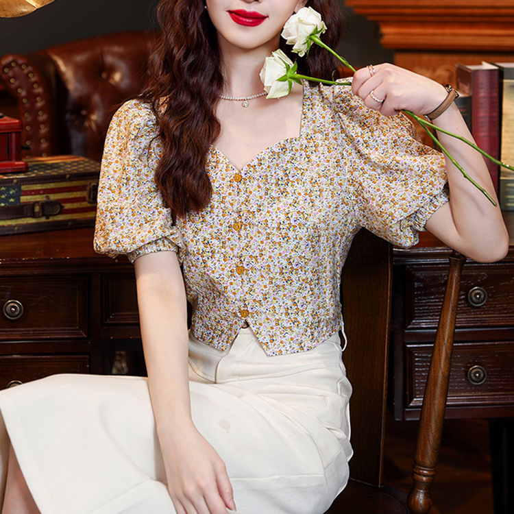 法式雪紡碎花收腰顯瘦燈籠袖短袖襯衫