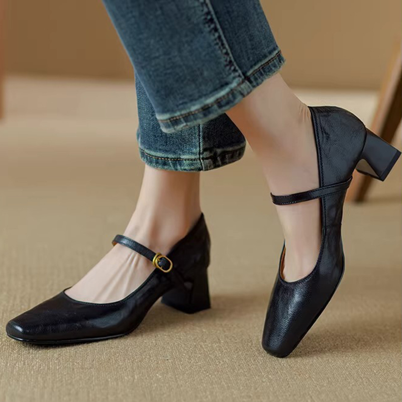 法式復古粗跟一字帶瑪麗珍單鞋