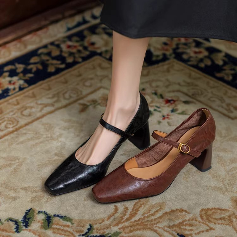 法式復古粗跟一字帶瑪麗珍單鞋