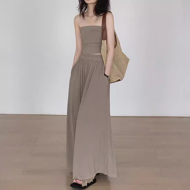 慵懶休閑夏季鹽系套裝防曬襯衣+一字抹胸+半身裙三件套