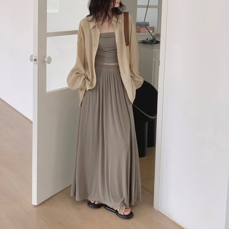 慵懶休閑夏季鹽系套裝防曬襯衣+一字抹胸+半身裙三件套