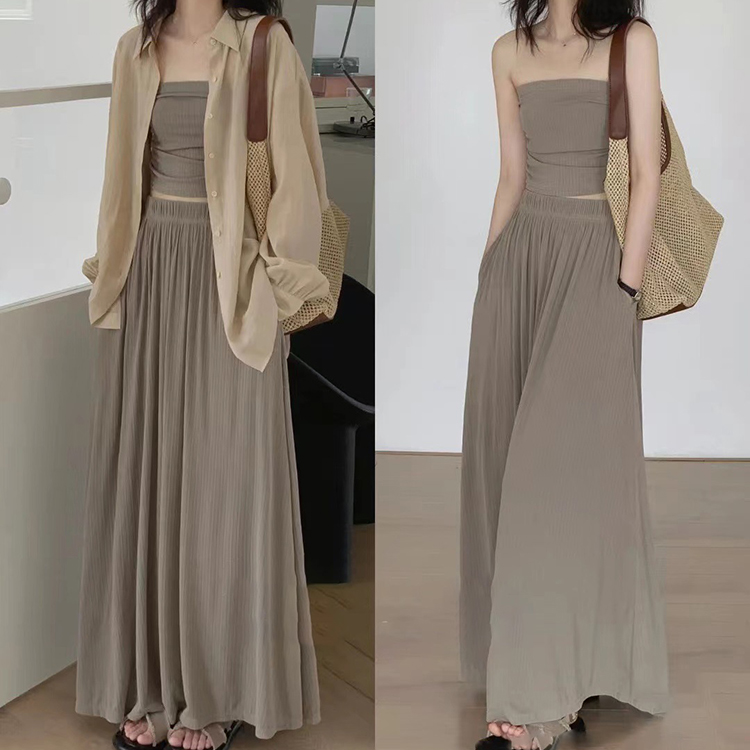 慵懶休閑夏季鹽系套裝防曬襯衣+一字抹胸+半身裙三件套