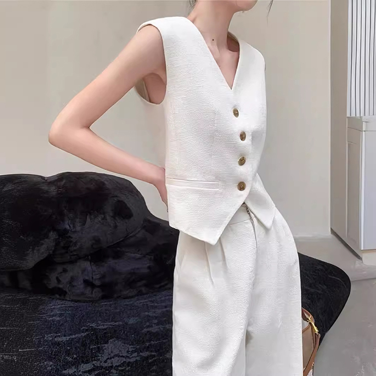 法式白色兩件式時尚氣質無袖馬甲+高腰寬褲