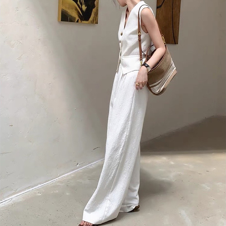 法式白色兩件式時尚氣質無袖馬甲+高腰寬褲