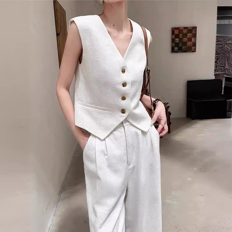 法式白色兩件式時尚氣質無袖馬甲+高腰寬褲