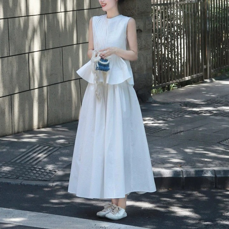 法式溫柔風套裝裙無袖花苞上衣+半身裙兩件套