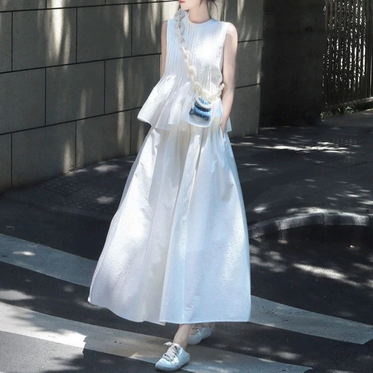 法式溫柔風套裝裙無袖花苞上衣+半身裙兩件套