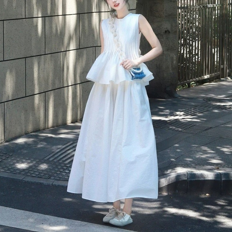 法式溫柔風套裝裙無袖花苞上衣+半身裙兩件套