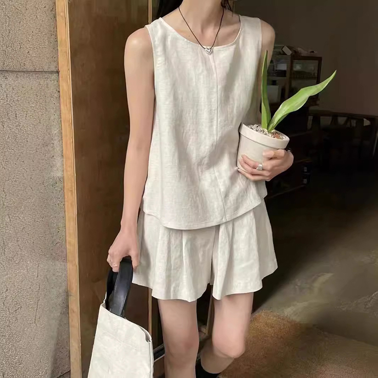 慵懶休閑套裝設計感小心機無袖背心+寬腿短褲兩件套