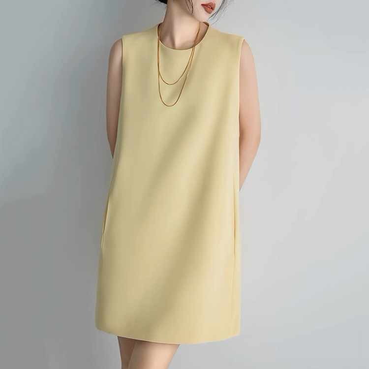 日系簡約高級感圓領無袖直筒時尚氣質洋裝