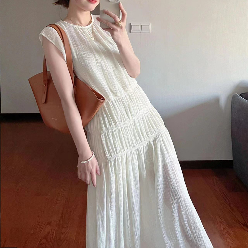 溫柔仙氣重工褶皺寬鬆海邊度假小飛袖洋裝