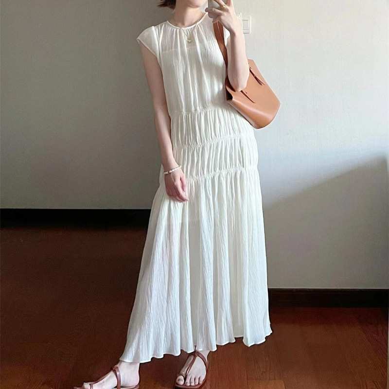 溫柔仙氣重工褶皺寬鬆海邊度假小飛袖洋裝