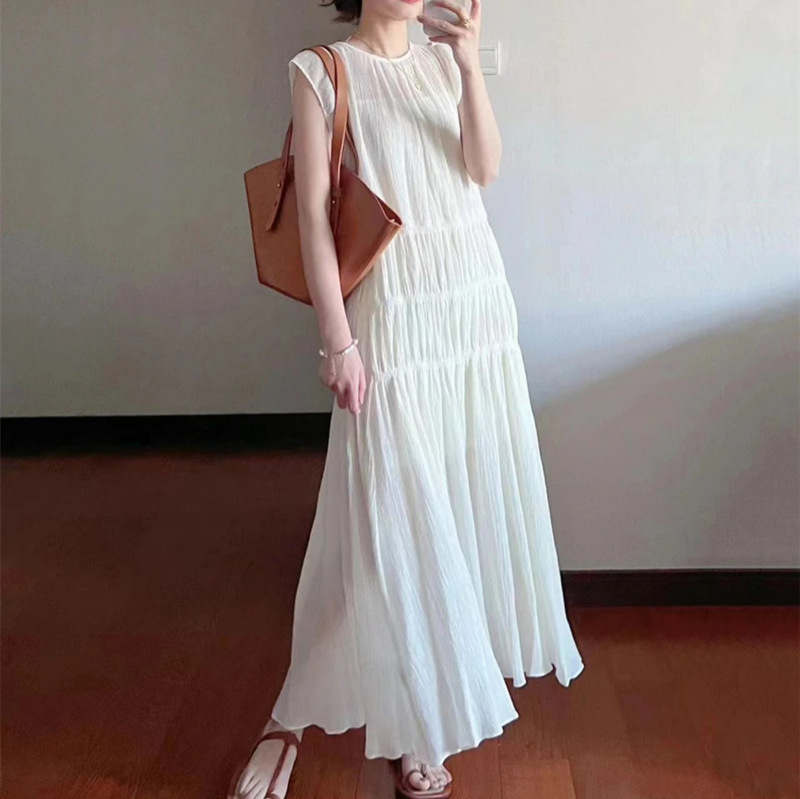 溫柔仙氣重工褶皺寬鬆海邊度假小飛袖洋裝