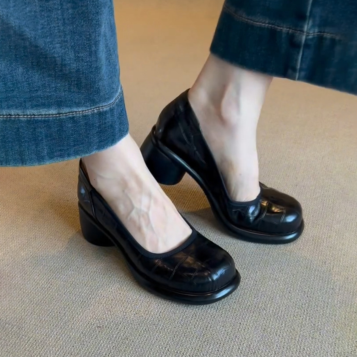 復古淺口圓頭粗跟一腳蹬瑪麗珍鞋