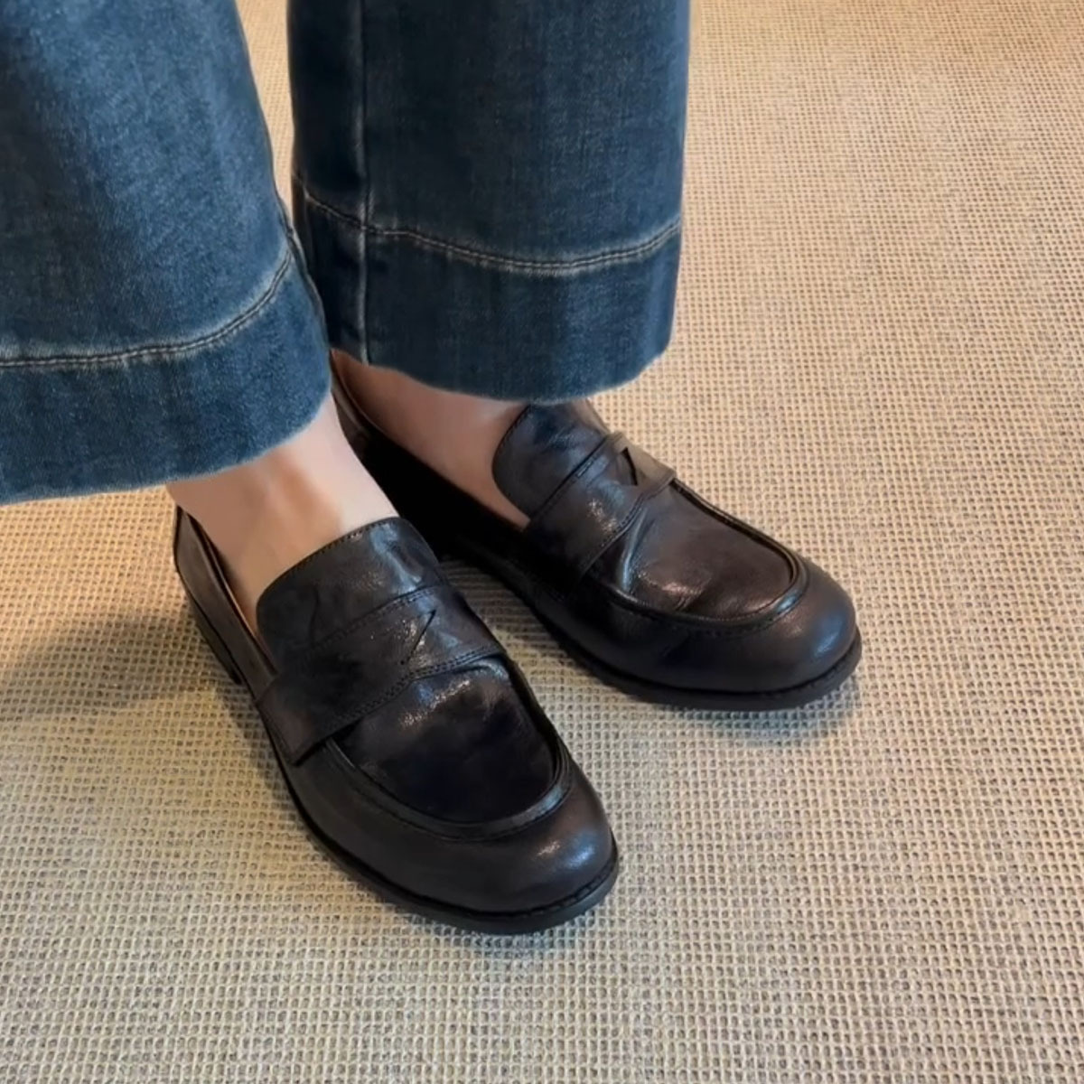 復古英倫風粗跟平底小皮鞋一腳蹬樂福鞋