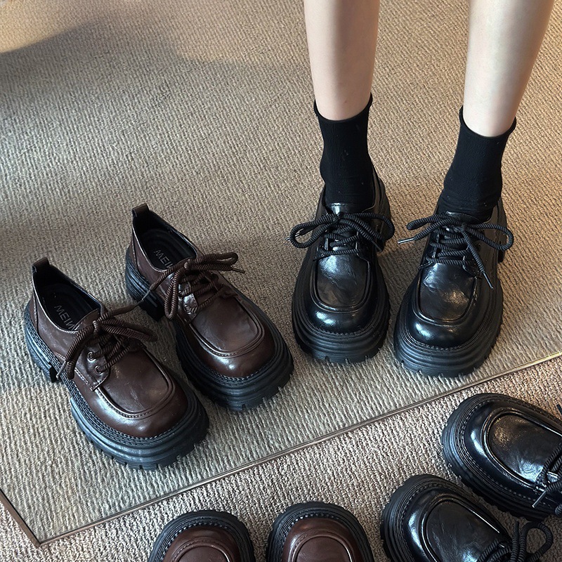 春季新款英倫風繫帶一腳蹬鬆糕樂福鞋