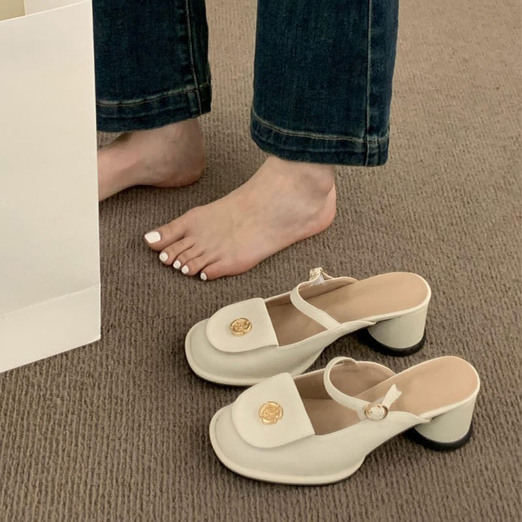春夏季粗跟法式復古瑪莉珍包頭拖鞋
