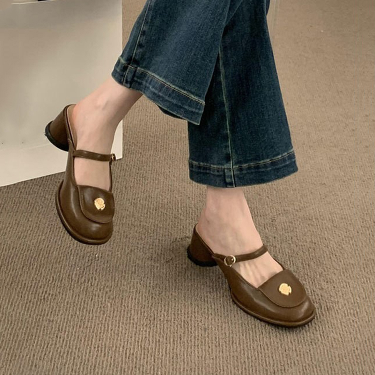 春夏季粗跟法式復古瑪莉珍包頭拖鞋