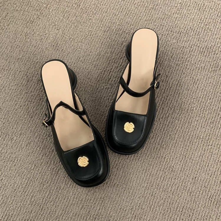 春夏季粗跟法式復古瑪莉珍包頭拖鞋