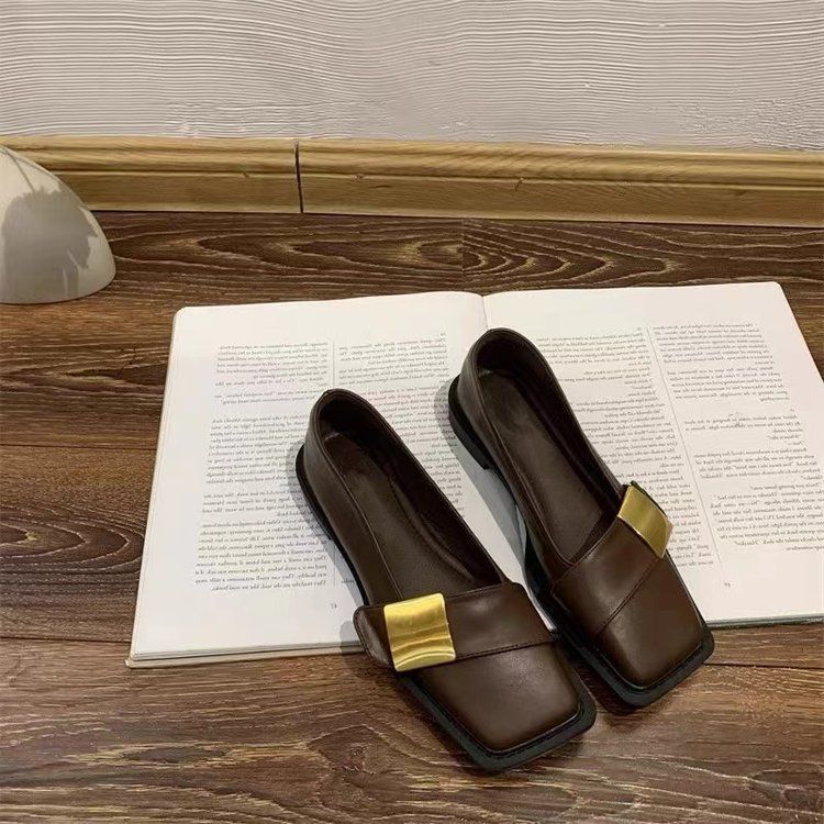 法式設計感復古小眾方頭軟底舒適小香風一腳蹬皮鞋