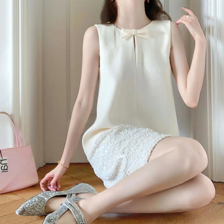 小香風氣質優雅手工蝴蝶結亮片無袖連身裙