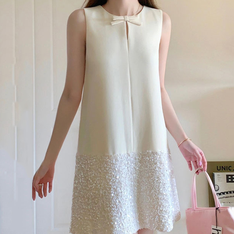 小香風氣質優雅手工蝴蝶結亮片無袖連身裙