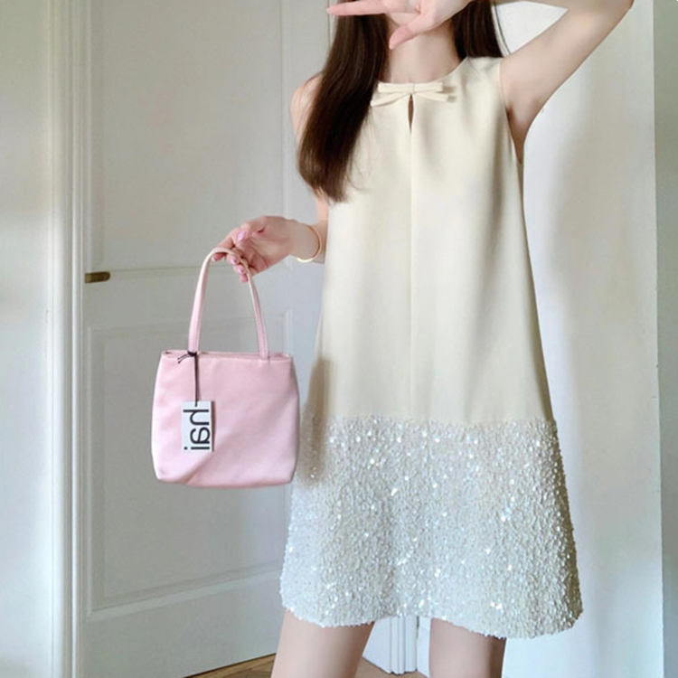 小香風氣質優雅手工蝴蝶結亮片無袖連身裙