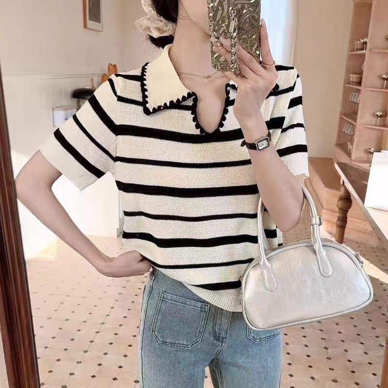 夏季新款翻領短袖條紋百搭肌理感時尚T豂