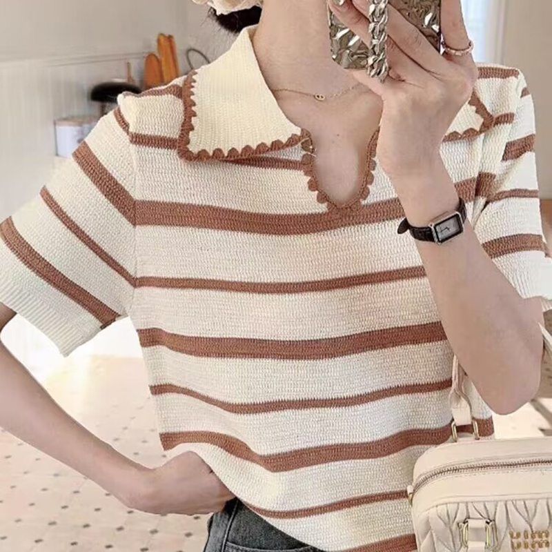 夏季新款翻領短袖條紋百搭肌理感時尚T豂