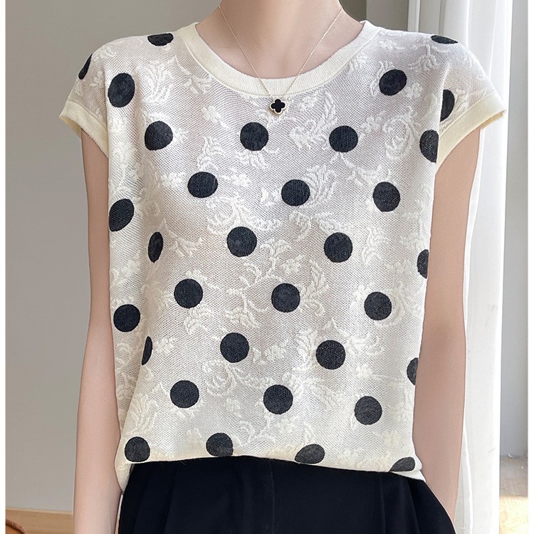 甜美波點重工鉤花圓領小飛袖精紡針織短袖