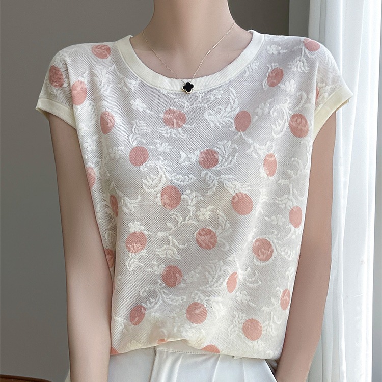 甜美波點重工鉤花圓領小飛袖精紡針織短袖