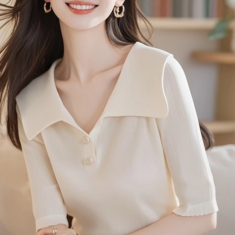 設計感翻領薄款冰絲半袖針織衫