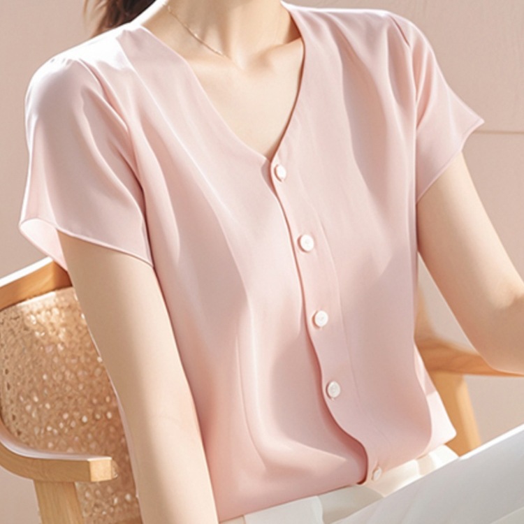 時尚百搭遮肉正肩V領短袖襯衫