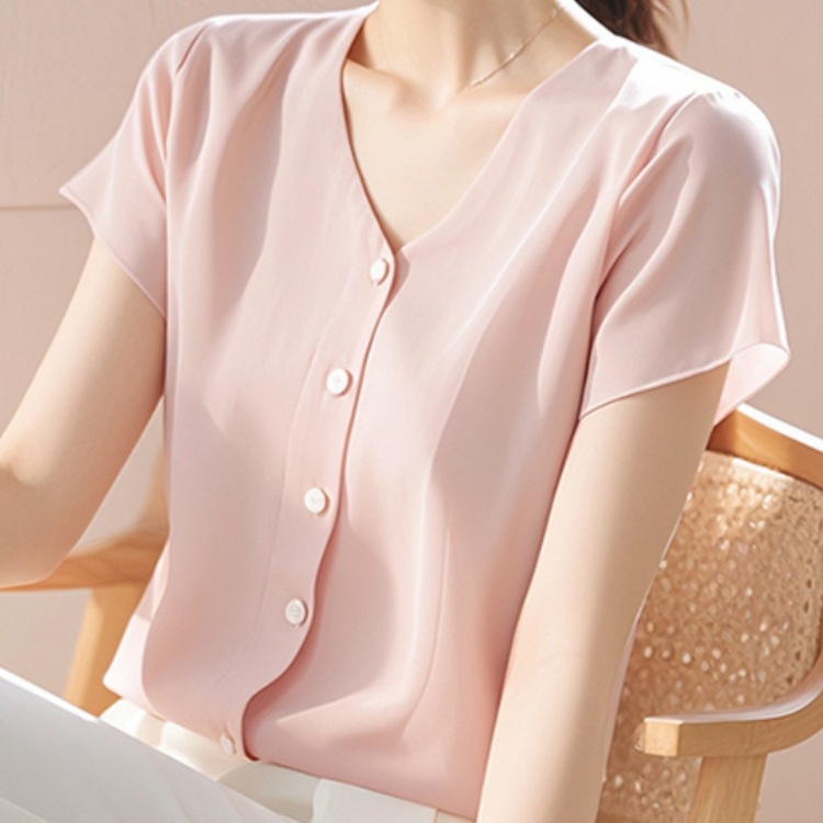 時尚百搭遮肉正肩V領短袖襯衫
