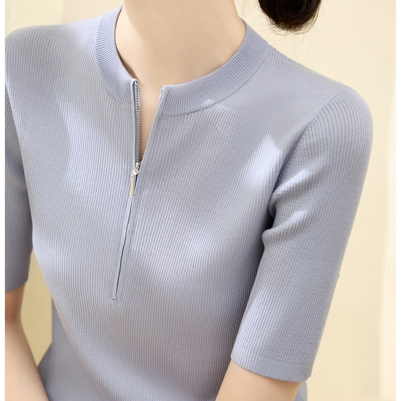 夏季正肩純色簡約拉鍊設計半開領短袖針織衫