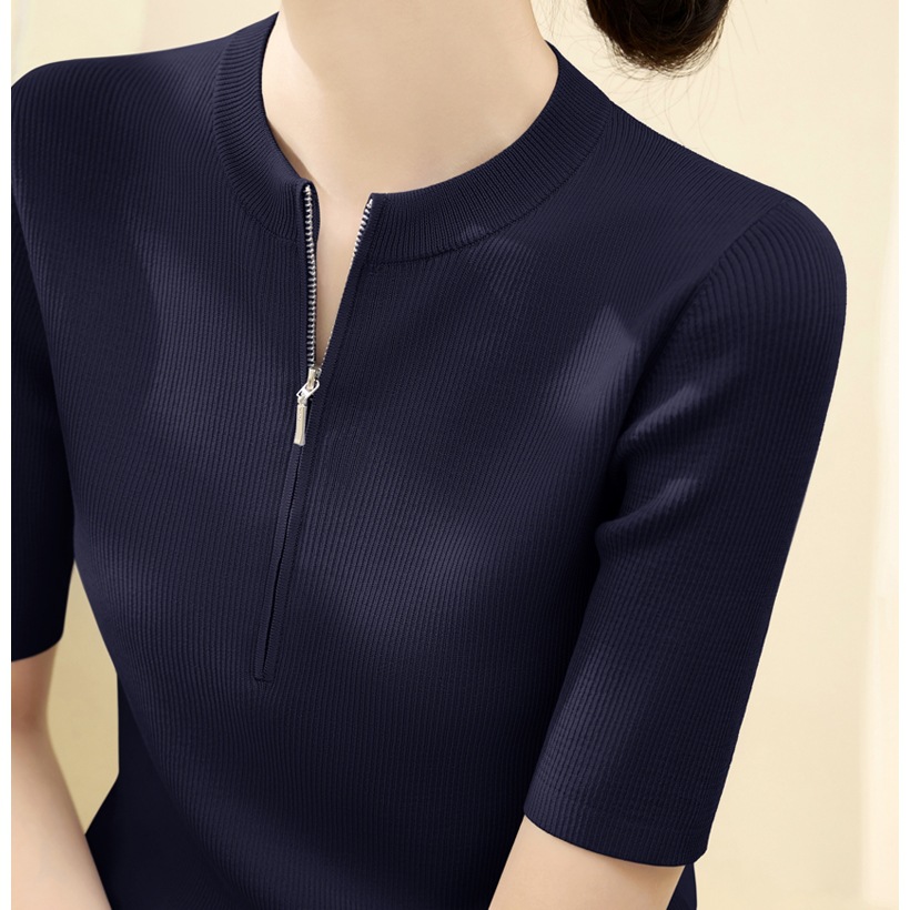夏季正肩純色簡約拉鍊設計半開領短袖針織衫