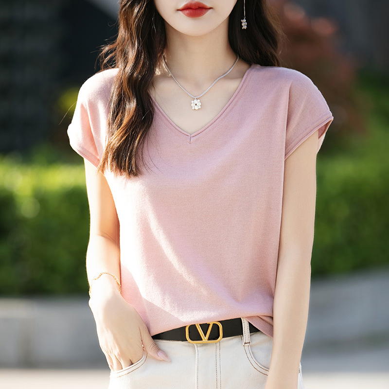 簡約百搭捲邊寬鬆v領針織短袖t卹