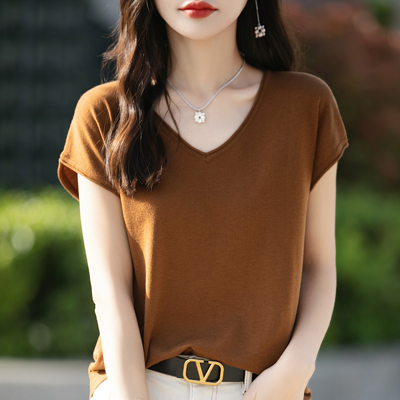 簡約百搭捲邊寬鬆v領針織短袖t卹