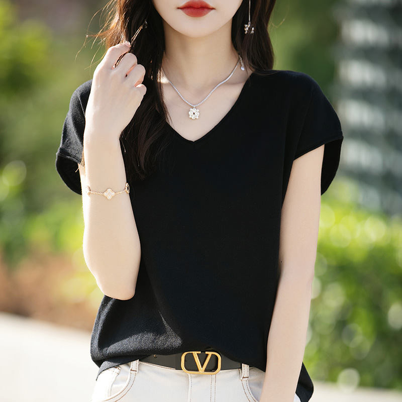 簡約百搭捲邊寬鬆v領針織短袖t卹