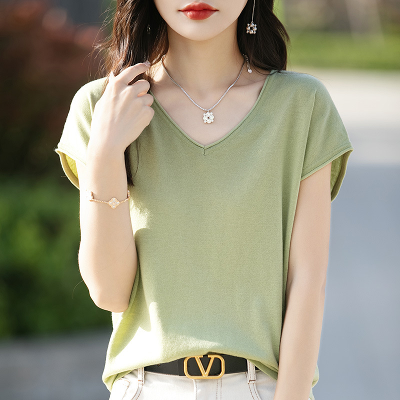 簡約百搭捲邊寬鬆v領針織短袖t卹