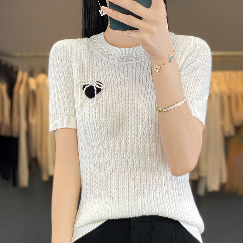 法式復古重工蝴蝶結小衫圓領釘珠小香風短袖T卹