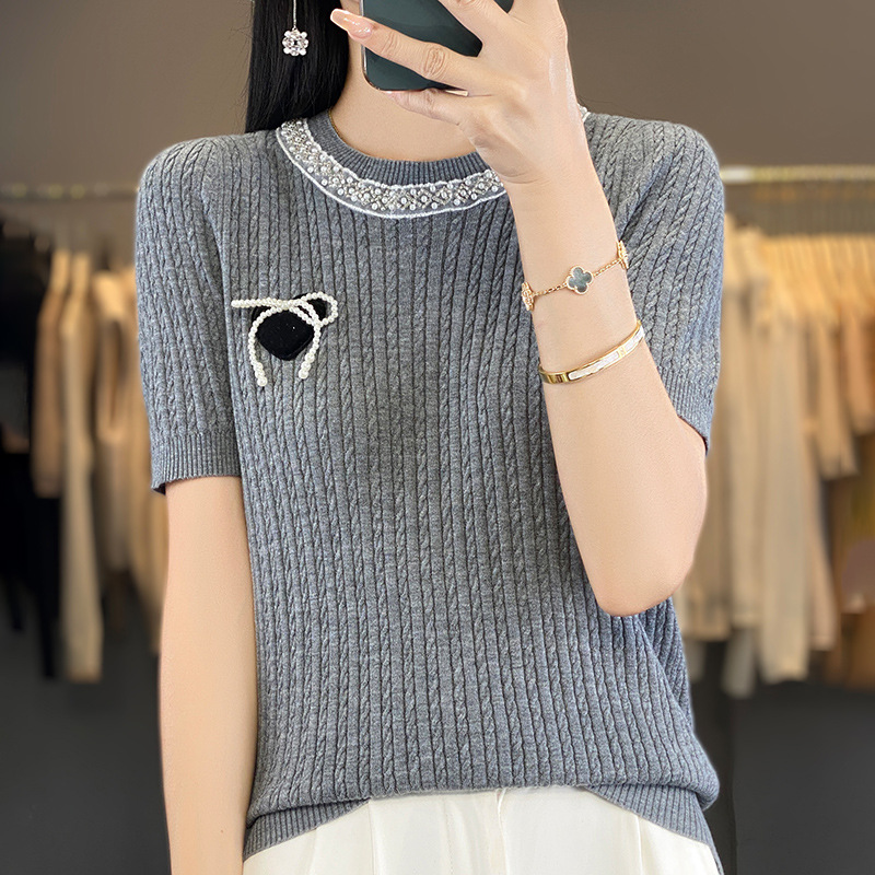 法式復古重工蝴蝶結小衫圓領釘珠小香風短袖T卹