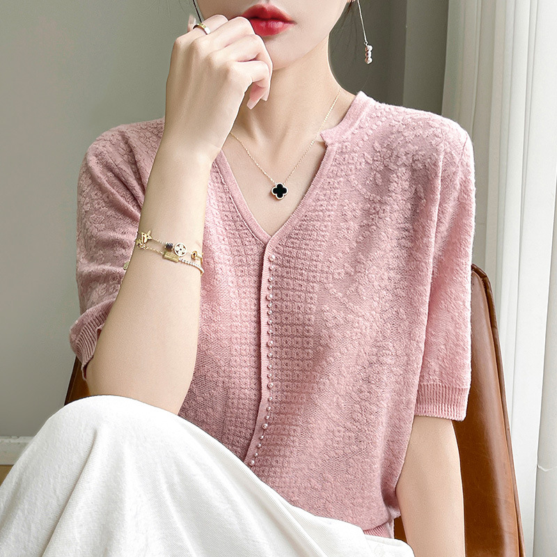 設計感百搭鏤空鉤花薄款針織小衫V領釘珠短袖