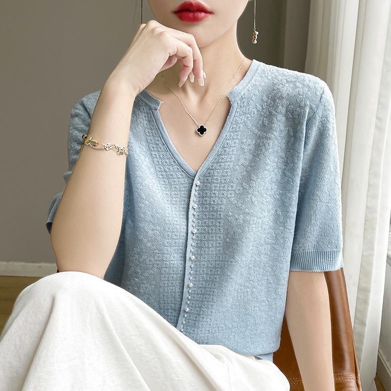 設計感百搭鏤空鉤花薄款針織小衫V領釘珠短袖