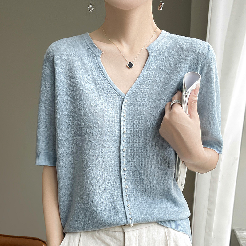 設計感百搭鏤空鉤花薄款針織小衫V領釘珠短袖