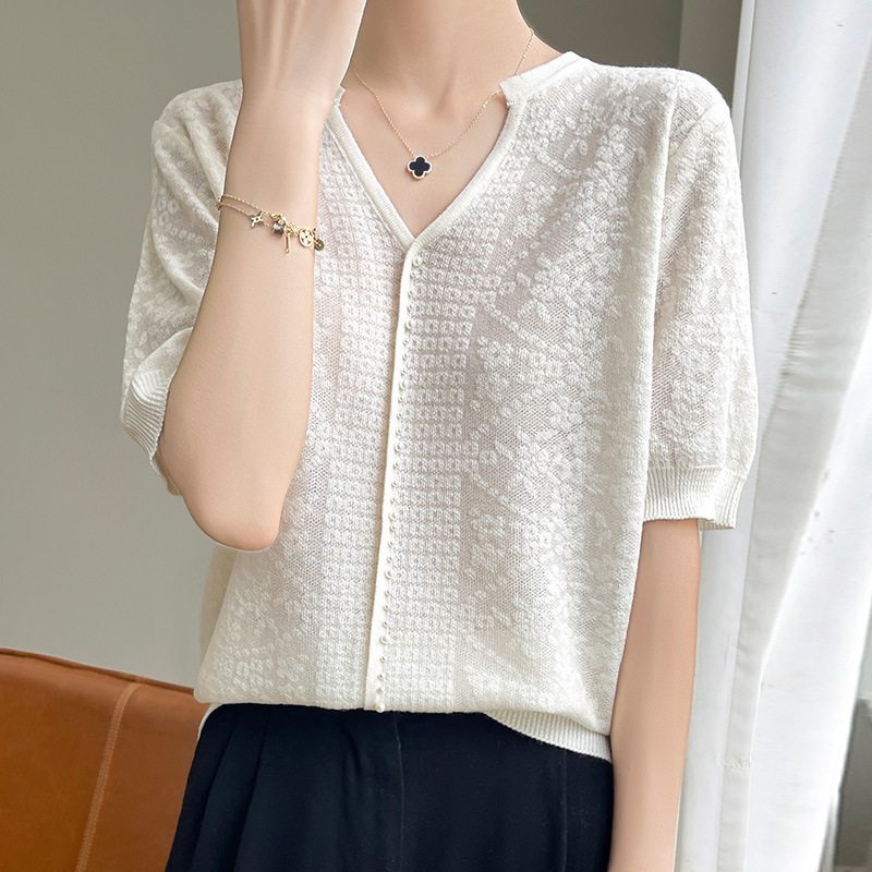 設計感百搭鏤空鉤花薄款針織小衫V領釘珠短袖