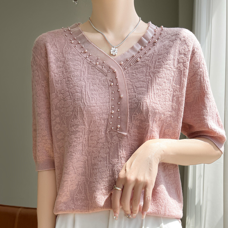 氣質小眾提花上衣V領冰絲釘珠針織短袖