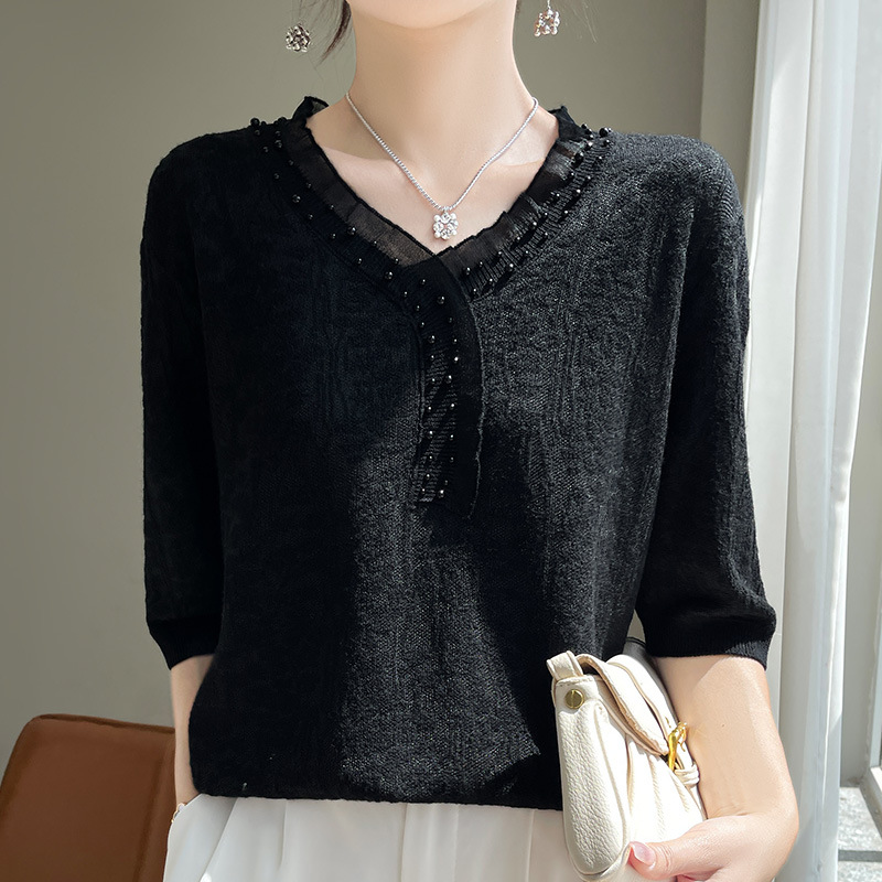氣質小眾提花上衣V領冰絲釘珠針織短袖